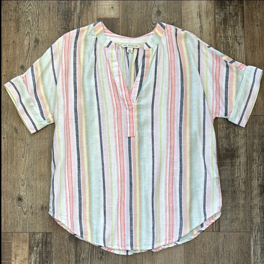 Zac & Rachel Women's Short Sleeve Pink Stripe Linen Rayon Blend V Neck Top S